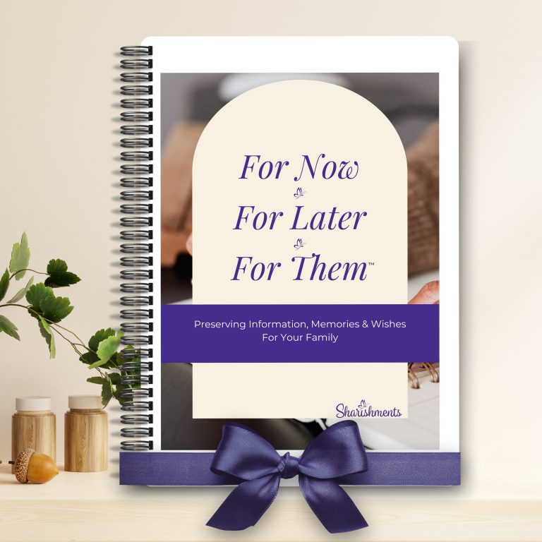 For Now For Later For Them Organizer, a spiral-bound end-of-life planner standing on a shelf with a purple ribbon